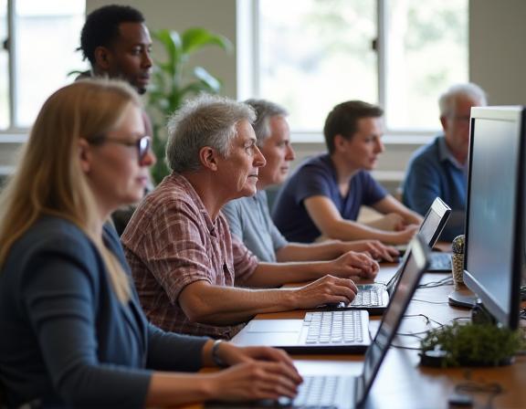 A small group of seniors actively engaged in a computer workshop.